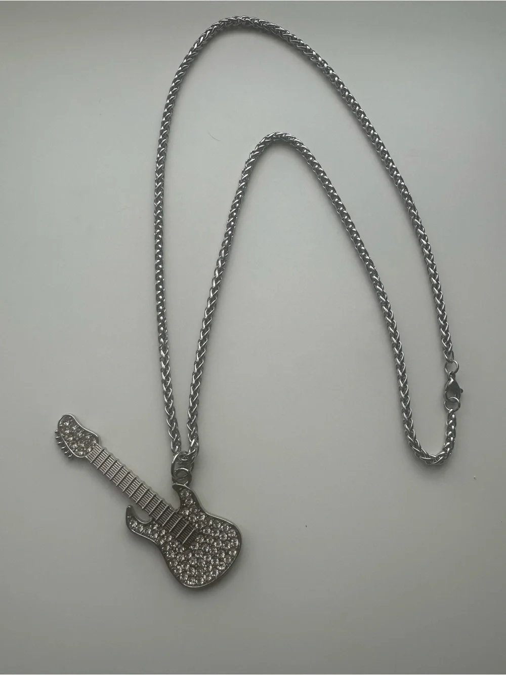 White gold filled Guitar Pendant Necklace with CZ- Men's Accessory